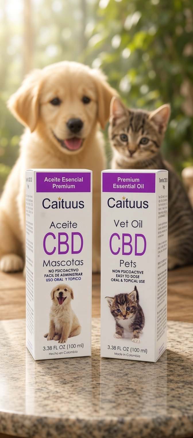Cachorro y gatito junto a los aceites Caituus para mascotas