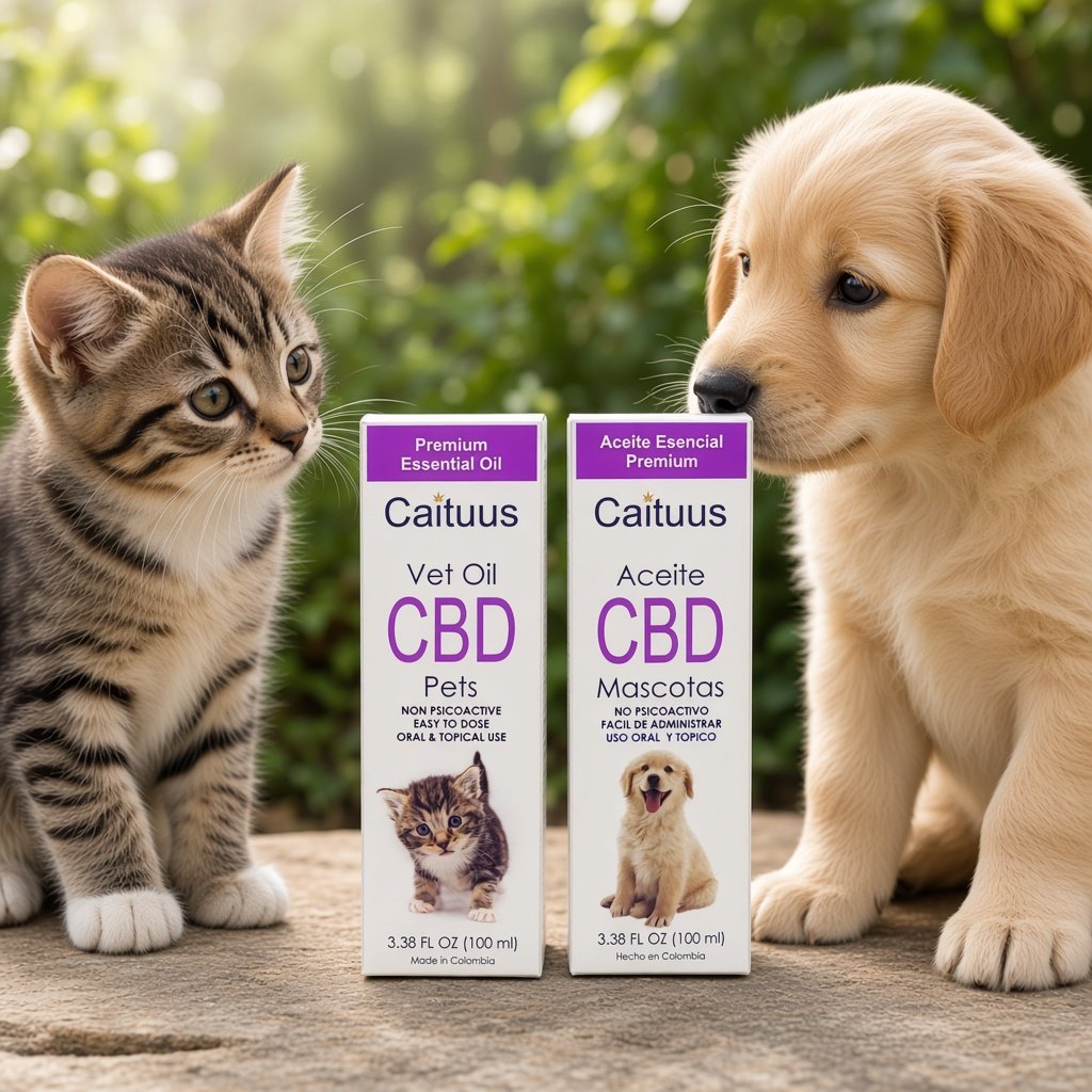 Gatito y cachorro junto a dos cajas Caituus para mascotas